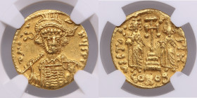 Byzantine Empire AV Solidus - Constantine IV (AD 668-685), with Heraclius and Tiberius - NGC AU
Strike: 5/5, Surface 3/5. Clipped. Marks. 4.44g. Charm...