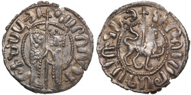 Armenia AR Tram - Hetoum I and Zabel (1226-1270)
2.91g. UNC/UNC. Obv: Hetoum and Zabel standing facing one another, heads facing, holding between them...