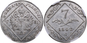 Austria 7 Kreuzer 1802 C - NGC UNC DETAILS
Magnificent lustrous exemplar. Cleaned. KM 2129.