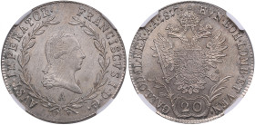 Austria 20 Kreuzer 1817 A - NGC MS 64
TOP POP, only. The highest graded in NGC census. Splendid luminous exemplar with elegant light toning. Rare stat...