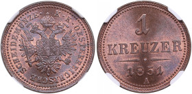 Austria 1 Kreuzer 1851 A - NGC MS 64 RB
Splendid lustrous exemplar with fine red-brown colour toning. Only 6 specimens certified finer by NGC. KM 2185...
