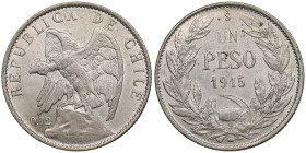 Chile 1 Peso 1915
8.99g. AU/AU. Mint luster. KM# 152.4.