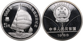 China 5 Yuan 1988 - 1988 Summer Olympics, Sailboat Racing
30.29g. PROOF.