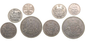Danzig Full set of 1923 Silver Guldens (4)
1/2 Gulden 1923, 1 Gulden 1923, 2 Gulden 1923, 5 Gulden 1923. Various condition. KM 144, 145, 146, 147. Rar...
