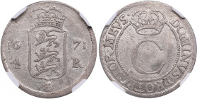 Reval, Sweden 4 Öre 1671 - Karl XI (1660-1697) - NGC AU 58
Only one coin certified finer by NGC. Splendid near mint state lustrous specimen. Very rare...