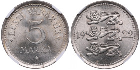 Estonia 5 Marka 1922 - NGC MS 64
Marvellous luminous specimen with elegant toning. Rare state of preservation. KM 3.