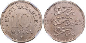 Estonia 10 Marka 1925 - NGC MS 62
Beautiful lustrous specimen. KM 4.