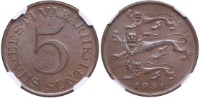 Estonia 5 Senti 1931 - NGC MS 62 BN
Beautiful specimen. KM 11.