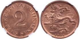 Estonia 2 Senti 1934 - NGC MS 64 RB
Charming luminous specimen with beautiful red-brown color toning. KM-15.