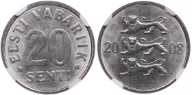 Estonia 20 Senti 2008 - NGC MS 66
Splendid specimen. Only nine specimens has been certified finer by NGC. Laan-53.