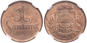 Latvia 1 Santims 1922 - NGC MS 64 RB
Splendid exemplar with fantastic red-brown color toning. Only three exemplars has been certified finer by NGC. Ra...