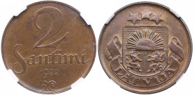 Latvia 2 Santimi 1922 - NGC MS 63 BN
Luminous brown color toning specimen. Rare state of preservation. KM-2.