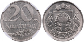 Latvia 20 Santimu 1922 - NGC MS 61
An attractive exemplar. KM 5.
