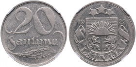 Latvia 20 Santimu 1922 - NGC MS 61
Beautiful lustrous exemplar. Rare state of preservation. KM 5.
