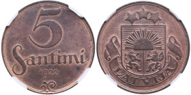 Latvia 5 Santimi 1922 - NGC MS 63 RB
Name below ribbon. Splendid lustrous exemplar with fine brown color toning. Rare state of preservation. KM 3.