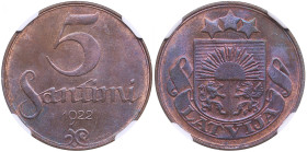 Latvia 5 Santimi 1922 - NGC MS 64 BN
Only one coin certified finer by NGC. Splendid lustrous exemplar with fine brown color toning. Rare state of pres...