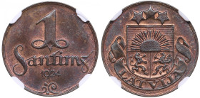 Latvia 1 Santims 1924 - NGC MS 64 BN
Only 5 specimens certified finer by NGC. Beautiful lustrous exemplar. Rare state of preservation. KM 1.