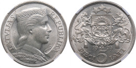 Latvia 5 Lati 1929 - NGC MS 63
Splendid lustrous exemplar. Rare state of preservation. KM 9.