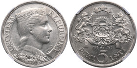Latvia 5 Lati 1931 - NGC MS 61
Gorgeous lustrous exemplar. Rare state of preservation. KM 9.