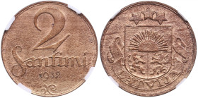 Latvia 2 Santimi 1932 - NGC MS 63 RB
Splendid specimen with beautiful red-brown color toning. Rare state of preservation.