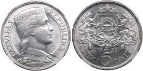 Latvia 5 Lati 1932 - NGC MS 60
Gorgeous lustrous exemplar. Rare state of preservation. KM 9.