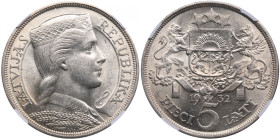 Latvia 5 Lati 1932 - NGC MS 61
Gorgeous lustrous exemplar. Rare state of preservation. KM 9.