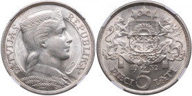 Latvia 5 Lati 1932 - NGC MS 62
Charming lustrous exemplar. KM 9.