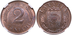 Latvia 2 Santimi 1939 - NGC MS 64 RB
Splendid lustrous exemplar with beautiful red-brown color toning. KM 11.