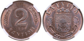 Latvia 2 Santimi 1939 - NGC MS 65 BN
TOP POP. The highest graded piece in NGC census. Splendid lustrous exemplar with beautiful brown color toning. KM...