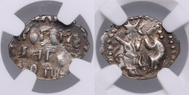 Russia AR Denga - Novgorod Republic (1420-1478) - NGC AU 53
An attractive specimen with some luster. Obv. The homage scene. Prince with a sword seated...