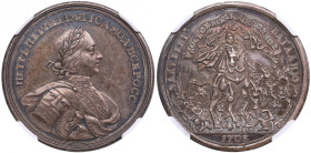 Russia Silver Medal 1708 - Battle of Leesno. 28 September 1708 - NGC MS 62
Only one exemplar certified finer by NGC. Magnificent specimen with fine lu...