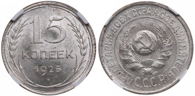 Russia, USSR 15 Kopecks 1925 - NGC MS 63
Splendid lustrous exemplar. 