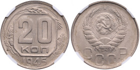 Russia, USSR 20 Kopecks 1945 - NGC MS 64
Splendid lustrous specimen. Rare state of preservation for this date. 
