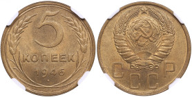 Russia, USSR 5 Kopecks 1946 - NGC MS 64
Splendid lustrous specimen. Rare state of preservation for this date. 