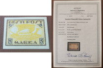 Estonia stamp proof 5 Marka Vikinglaev - cert. T. Löbbering
Estonia proof Viking Ship 5 Marka
catalog H/O G:4 ( bronze-yellow on black frame)
certific...