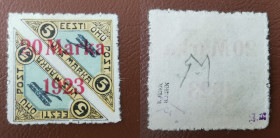 Estonia stamp air mail 5-5 Marka with 20 Marka 1923 overprint - Päevaleht perforation E:2 - sign. K. Kokk, J. Weiner
20m päevaleht perforation E:2 sig...