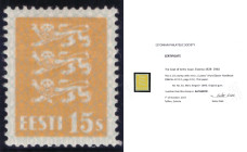Estonia stamp Coat of Arms 15 senti (5 paws) - Certificate from K. Kokk
MiNo. 81.
H/O catalogue 121 E:1 page 131
Certificat from Kalev Kokk (10.2017)....