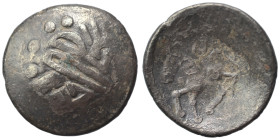 EASTERN CELTS. 2nd century BC. "Tetradrachm" (silver, 5.04 g, 25 mm), Sattelkopfpferd type. Stylized laureate head of Zeus right. Rev. Stylized horse ...