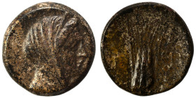 LUCANIA. Metapontion. Circa 300-250 BC. Ae (bronze, 2.81 g, 15 mm).Veiled head of Demeter to right, wearing stephane. Rev. META Grain ear with leaf to...