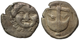 THRACE. Apollonia Pontica. Circa 480-450 BC. Drachm (silver, 2.76 g, 14 mm). Facing gorgoneion. Rev. Upright anchor, A to left, crayfish to right. Nea...