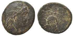 AEOLIS. Temnos. Circa 200 BC. Ae (bronze, 3.42 g, 19 mm). Head of Dionysos right, wearing ivy wreath. Rev. T - A Grape bunch on vine; monogram above. ...
