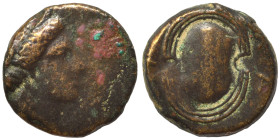 ISLANDS Off ATTICA. Salamis. 4th century BC. Dichalkon (bronze, 3.51 g, 16 mm). Head of Salamis to right, wearing stephane. Rev. [ΣΑ]/ΛΑ Shield of Aja...