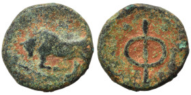PHLIASIA. Phlious. Circa 400-350 BC. Chalkous (bronze, 1.86 g, 13 mm). Bull butting left. Rev. Large Φ, four pellets around. BCD Peloponnesos 112. Goo...