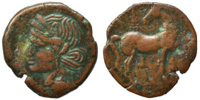 CARTHAGE. Second Punic War, circa 215-201 BC. Shekel (bronze, 5.21 g, 21 mm). Wreathed head of Tanit left. Rev. Horse standing right, head left; palme...