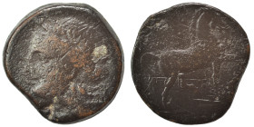 CARTHAGE. Circa 201-175 BC. Trishekel (bronze, 15.00 g, 27 mm). Wreathed head of Tanit to left. Rev. Horse walking to right; three pellets below. Near...