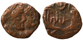 NABATAEA. Rabbel II, with Gamilat, 70-106. Ae (bronze, 1.97 g, 15 mm), Petra. Jugate, laureate busts of Rabbel and Gamilat, draped, right. Rev. Crosse...