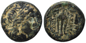 SELEUKID KINGS of SYRIA. Antiochos I Soter, 281-261 BC. Ae (bronze, 6.32 g, 18 mm), Antioch. Laureate head of Apollo right. Rev. Tripod; bow to outer ...