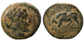SELEUKID KINGS of SYRIA. Seleukos II Kallinikos. 246-225 BC. Ae (bronze, 8.61 g, 21 mm), ΔEΛ Mint. Laureate and draped bust of Apollo right. Rev. BAΣΙ...