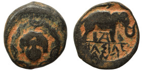 SELEUKID KINGS of SYRIA. Antiochos III 'the Great', 223-187 BC. Ae (bronze, 4.44 g, 16 mm), uncertain Mint 60. Macedonian shield with facing gorgoneio...