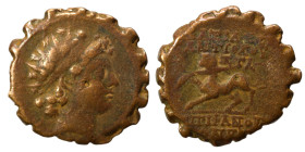 SELEUKID KINGS of SYRIA. Antiochos VI Dionysos, 144-142 BC. Ae Serrate (bronze, 3.19 g, 17 mm), Antioch on the Orontes. Radiate and diademed head of A...